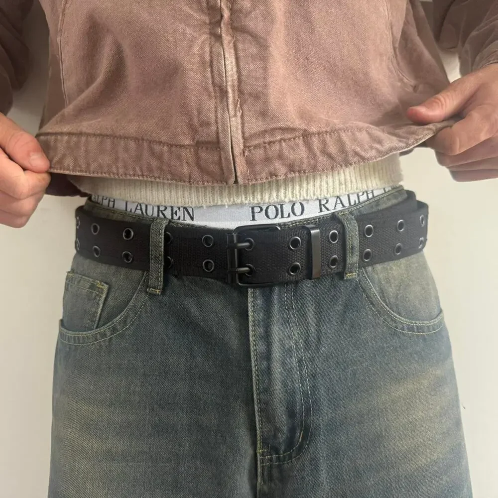 Black canvas belt with metal